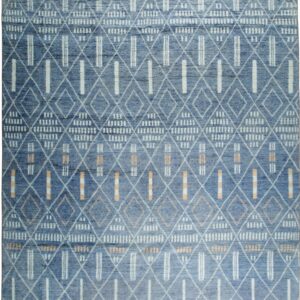 Blue textured rug featuring white geometric diamonds, vertical stripes, and small orange details.