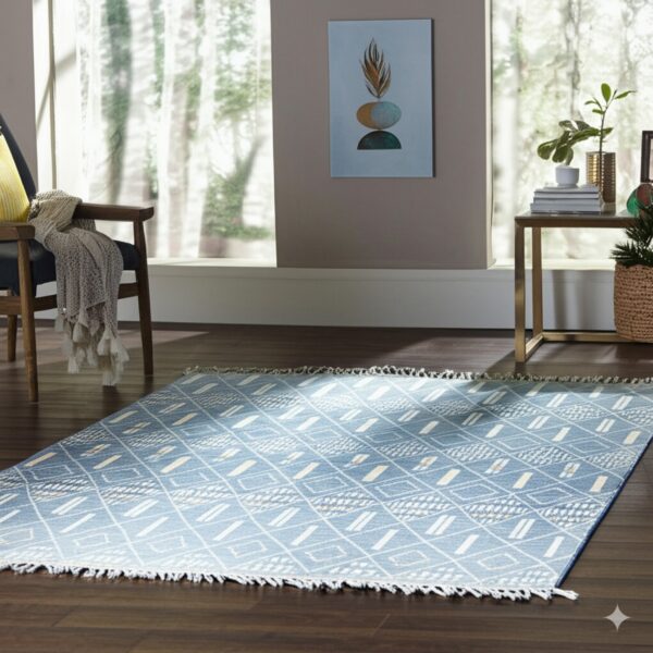 A light blue geometric flatweave rug with fringe covers dark wood planks in a bright room.