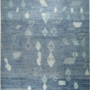 Textured blue rug featuring a scattered geometric pattern in white and light blue with braided gray fringe.