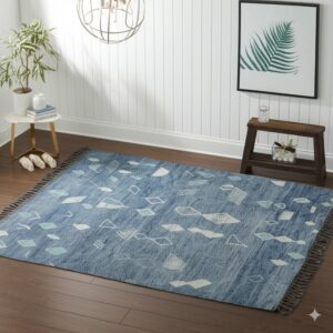 Blue low-pile rug with geometric patterns sits on dark wood floorboards in a brightly lit room.