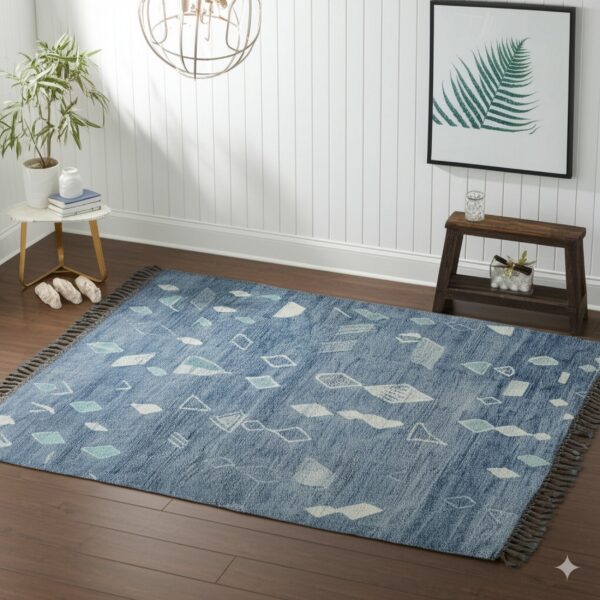 Blue low-pile rug with geometric patterns sits on dark wood floorboards in a brightly lit room.