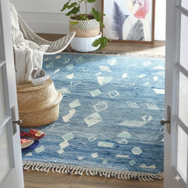 Blue, low-pile rug with white and teal geometric shapes extends onto a wood floor in a brightly lit room.