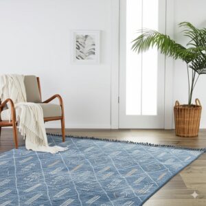 A low-pile blue rug with a white and tan geometric pattern rests on wood flooring near a chair.