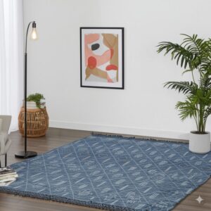 Blue textured rug featuring a light geometric diamond pattern in a room with wood floors and plants.