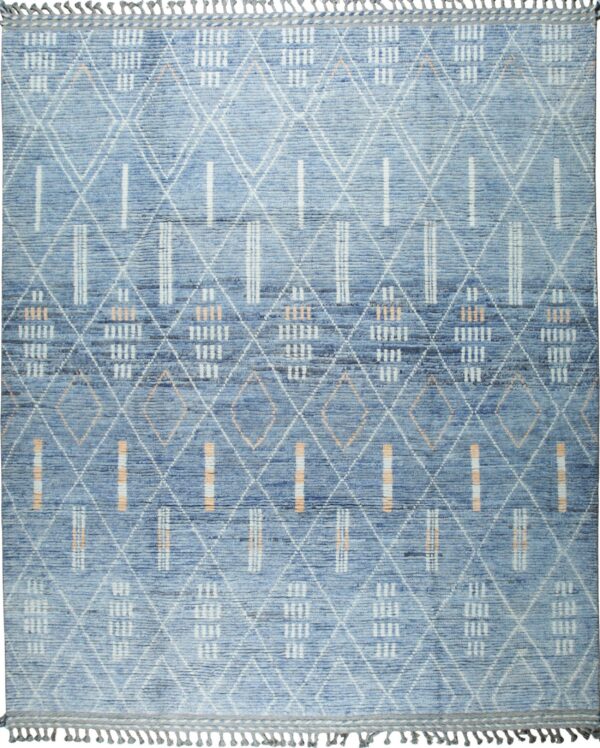 Textured blue rug featuring white diamond latticework and contrasting orange geometric motifs.
