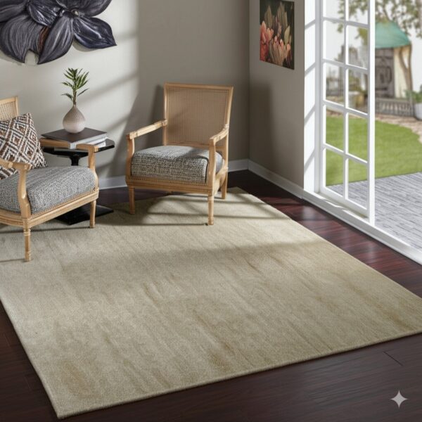 Light beige rug with subtle tone variation lays beneath two armchairs on dark wood flooring.