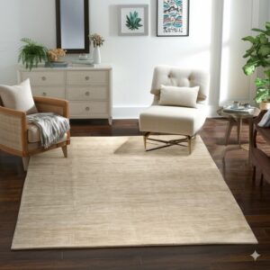 A light beige area rug with a subtle horizontal striated texture covers dark wood flooring.