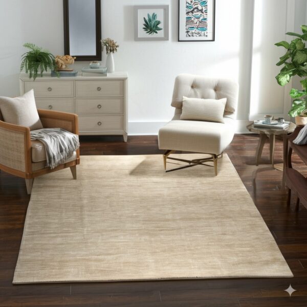 A light beige area rug with a subtle horizontal striated texture covers dark wood flooring.