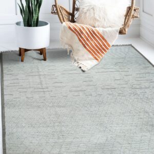 Textured pale gray rug on white floors next to a snake plant and a wicker hanging chair.