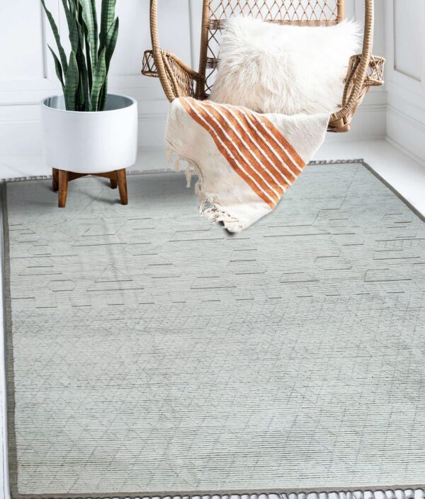 Textured pale gray rug on white floors next to a snake plant and a wicker hanging chair.