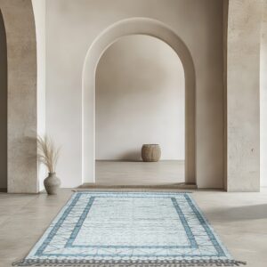 A distressed blue and gray patterned runner rug spans a tiled floor between two large arched passageways.