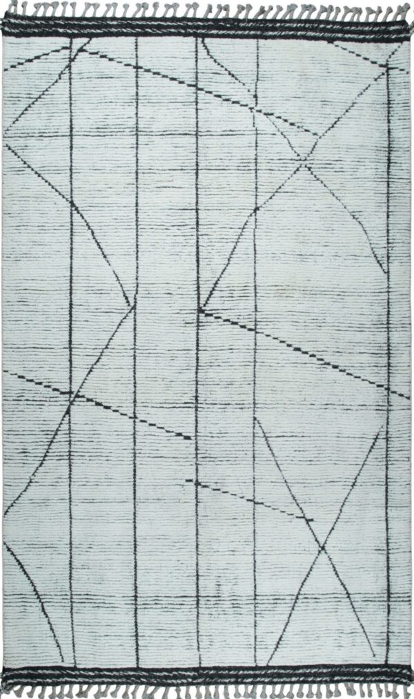 Textured white rug with thin black intersecting and dashed geometric lines.