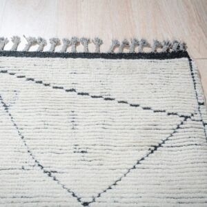 High-pile cream and dark gray rug with geometric lines and tassels rests on light wood plank flooring.