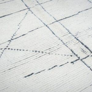 Close-up of a shaggy white rug featuring an irregular black geometric grid pattern.