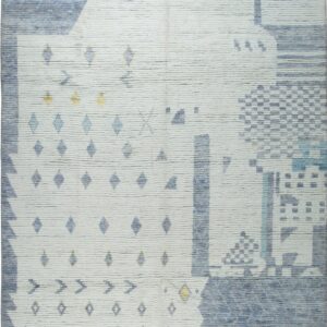 Textured white rug featuring irregular geometric patterns in shades of blue with small yellow accents.
