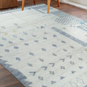 Off-white ribbed rug with blue geometric shapes and yellow accents lies on dark wood flooring.