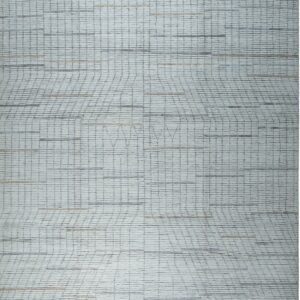 Textured light blue-gray rug with blocky pile and thin horizontal stripe details in dark gray and beige.