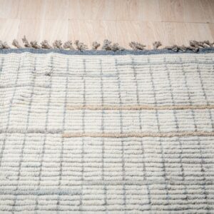 Textured cream rug with blue and tan plaid pattern and braided fringe rests on light wood planks.