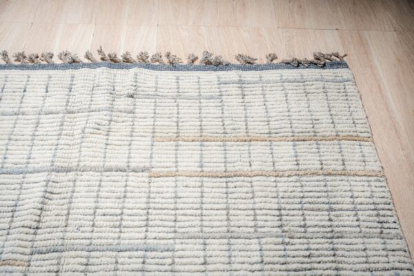 Textured cream rug with blue and tan plaid pattern and braided fringe rests on light wood planks.
