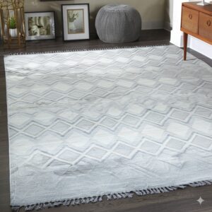 Light gray low-pile rug with a staggered diamond pattern and short fringe on dark wood flooring.