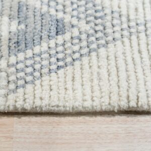 High-pile rug texture showing thick off-white and lower blue-gray carved sections on light wood flooring.