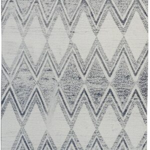 Textured white and dark blue rug with a distressed chevron pattern and dark fringe edges.