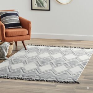 Geometric white and gray rug with dark fringed edges next to a terracotta armchair on wood flooring.