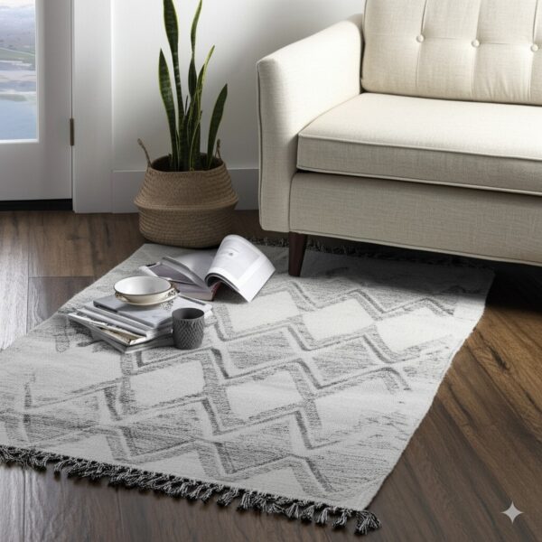 A gray and off-white geometric rug with fringe is placed by a cream sofa and houseplant on wood floors.