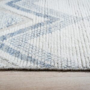 High-pile shag rug featuring a blue and white geometric design rests on light wooden floorboards.