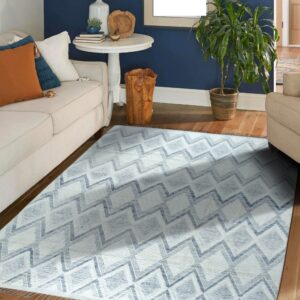 Low-pile white and blue rug featuring a textured zigzag pattern lies on wood floors in a living room.