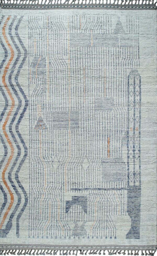 Light gray textured rug with a dark blue woven grid pattern, orange stripes, and gray fringe ends.