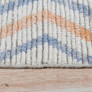 Chunky textured rug pile in off-white, light blue, and peach, resting on light wooden flooring.