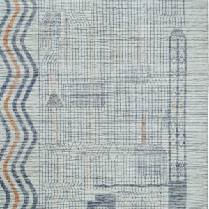 White textured rug with blue geometric designs, thin orange lines, and gray knotted fringes.