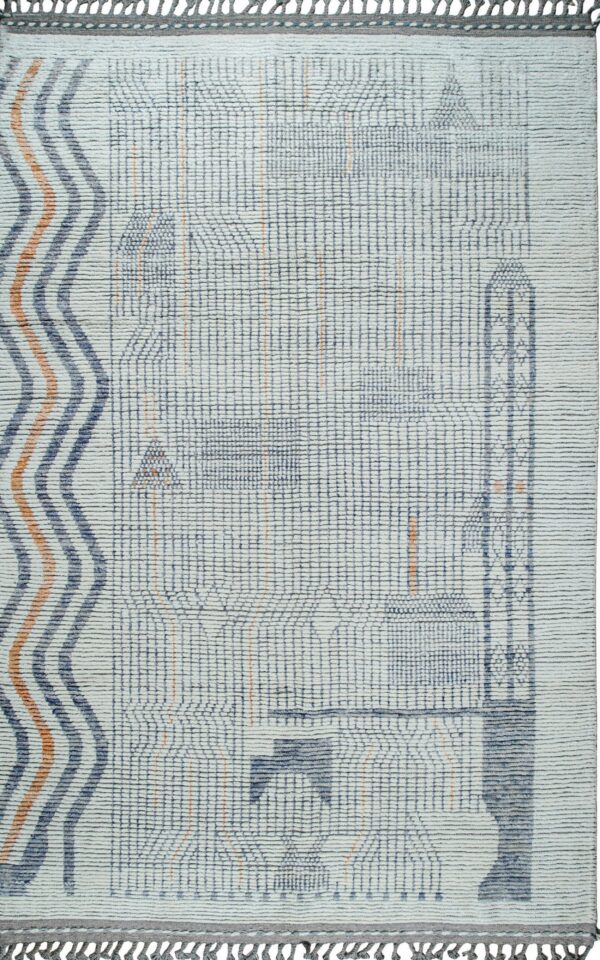 White textured rug with blue geometric designs, thin orange lines, and gray knotted fringes.