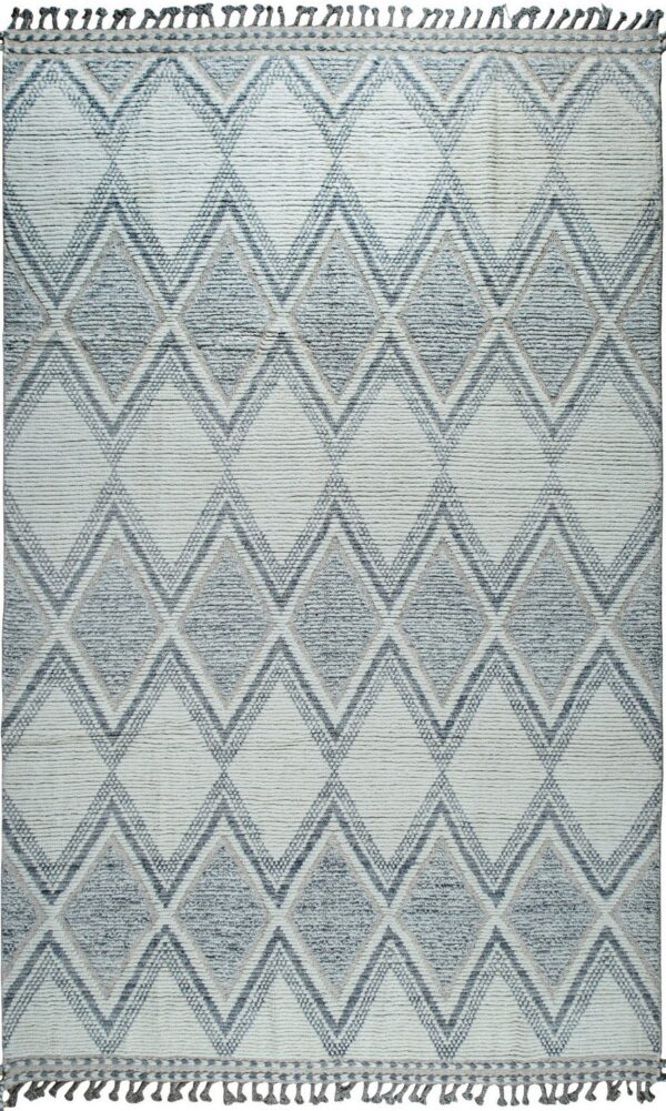 Off-white textured rug with repeating gray and slate blue diamond geometric patterns and end fringe.