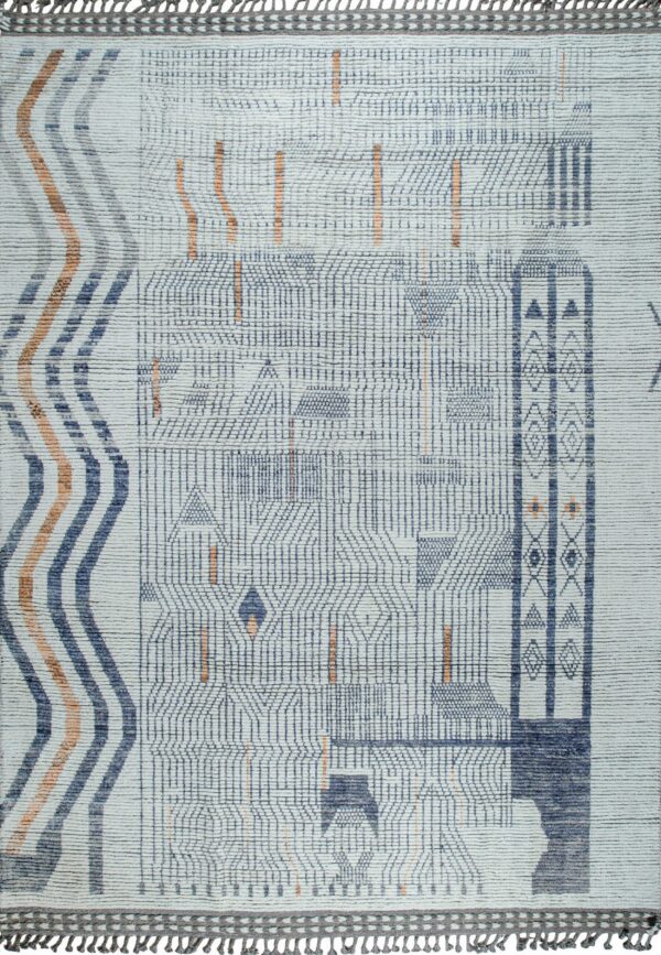 Geometric rug with textured gray surface, dark blue line patterns, and rust-colored accents.