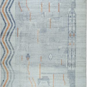 Textured cream rug featuring abstract blue graphics, zigzag stripes, orange highlights, and gray tasseled edges.