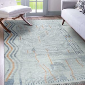 Low pile rug featuring blue and orange zigzag and grid patterns between a white chair and gray sofa.