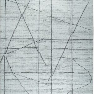 White shaggy rug with horizontal texture, abstract intersecting black lines, and gray knotted fringe.