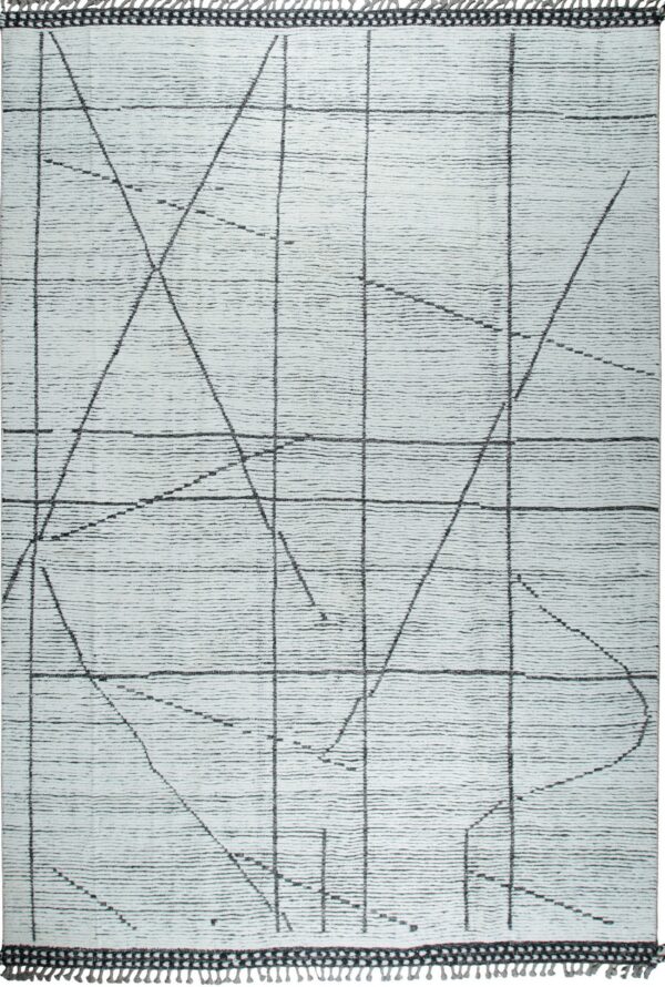 White shaggy rug with horizontal texture, abstract intersecting black lines, and gray knotted fringe.