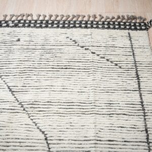 Shaggy ivory and black striped rug featuring abstract shapes, a geometric border, and grey tassels on light wood flooring.