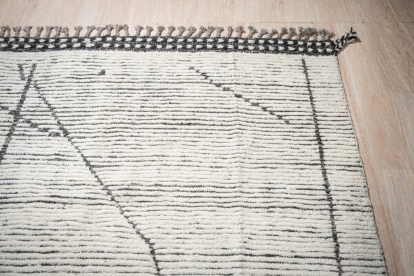 Shaggy ivory and black striped rug featuring abstract shapes, a geometric border, and grey tassels on light wood flooring.