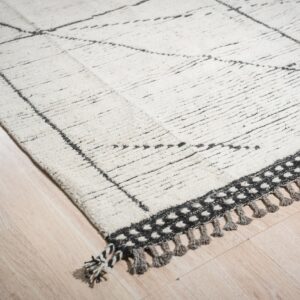 Textured white rug with dark gray geometric pattern, a dotted border, and tassels on blonde wood.