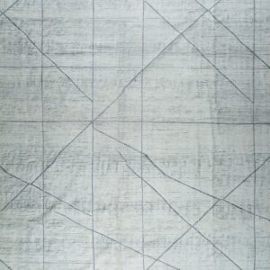 Light gray textured rug with intersecting dark gray grid lines and matching tassels on the ends.