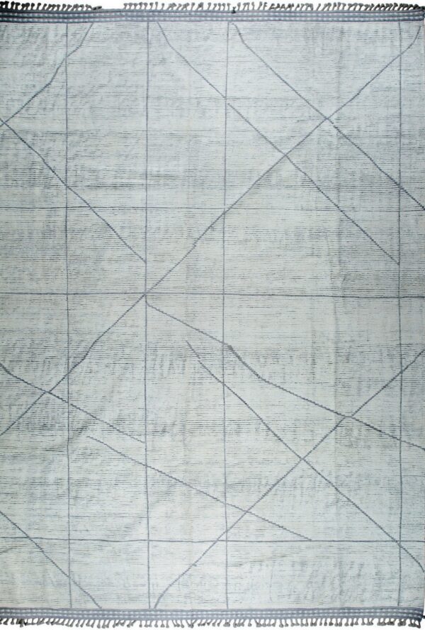 Light gray textured rug with intersecting dark gray grid lines and matching tassels on the ends.