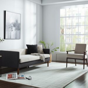 Low-pile light gray rug with subtle linear pattern in a contemporary, brightly lit room.