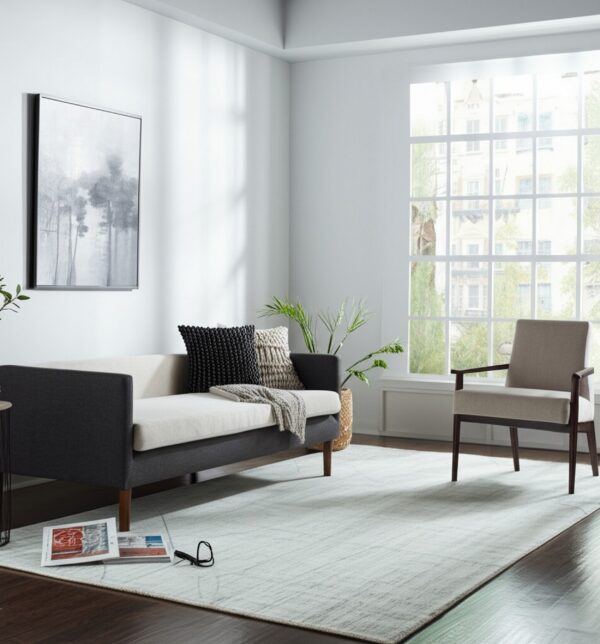Low-pile light gray rug with subtle linear pattern in a contemporary, brightly lit room.