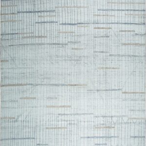 Textured low-pile rug in off-white with abstract slate and taupe dash patterns and gray fringe edges.