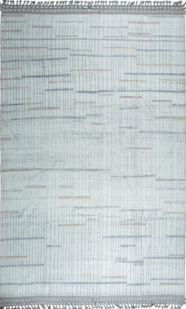Textured low-pile rug in off-white with abstract slate and taupe dash patterns and gray fringe edges.