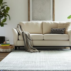 Low-pile white rug featuring fine dark gray linear patterns beneath a neutral sofa and wood floors.